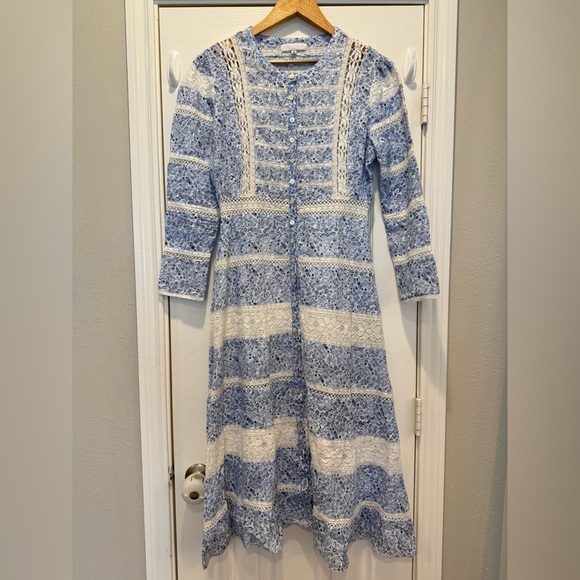 ASHA by Ashley McCormick Midi Dress Women’s Small Blue White Floral Lace Linen